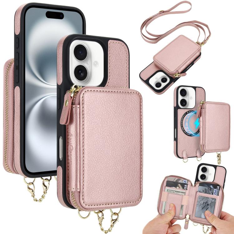 For iPhone 16 Plus AwQuer 2 in 1 Crossbody Wallet Leather Back Phone Case(Rose Gold) by Awquer