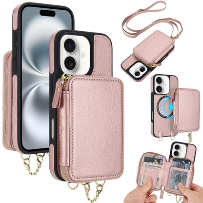 For iPhone 16 Plus AwQuer 2 in 1 Crossbody Wallet Leather Back Phone Case(Rose Gold) by Awquer