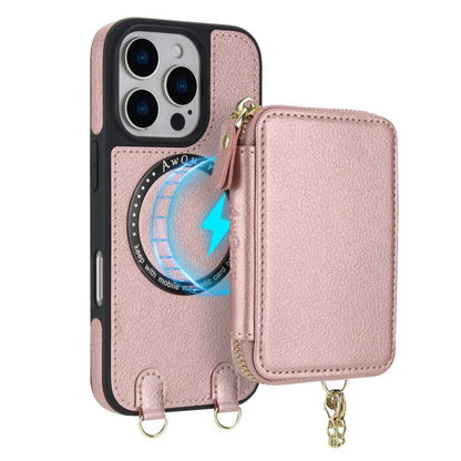 For iPhone 16 Plus AwQuer 2 in 1 Crossbody Wallet Leather Back Phone Case(Rose Gold) by Awquer