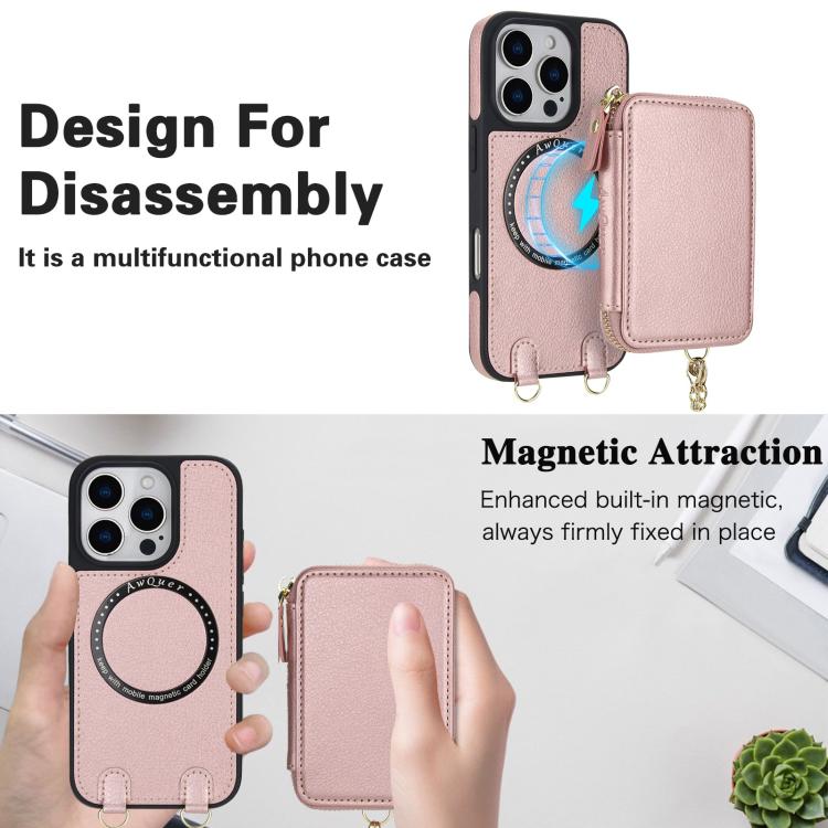 For iPhone 16 Plus AwQuer 2 in 1 Crossbody Wallet Leather Back Phone Case(Rose Gold) by Awquer