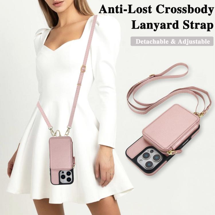 For iPhone 16 Plus AwQuer 2 in 1 Crossbody Wallet Leather Back Phone Case(Rose Gold) by Awquer