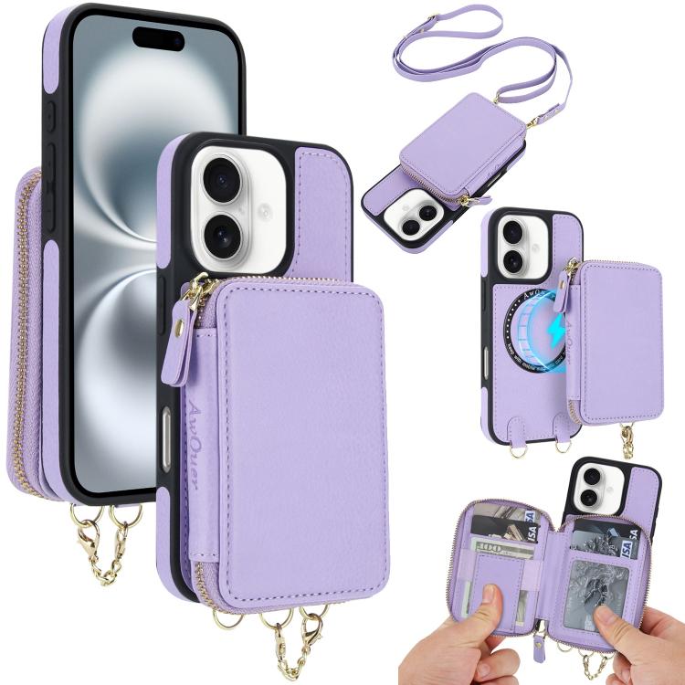 For iPhone 16 AwQuer 2 in 1 Crossbody Wallet Leather Back Phone Case(Light Purple) by Awquer