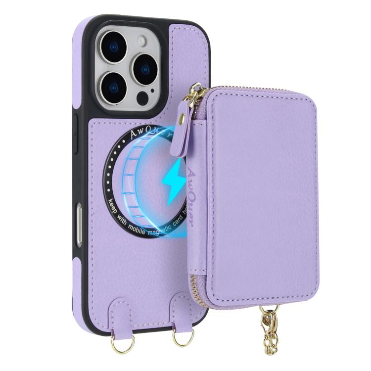 For iPhone 16 AwQuer 2 in 1 Crossbody Wallet Leather Back Phone Case(Light Purple) by Awquer