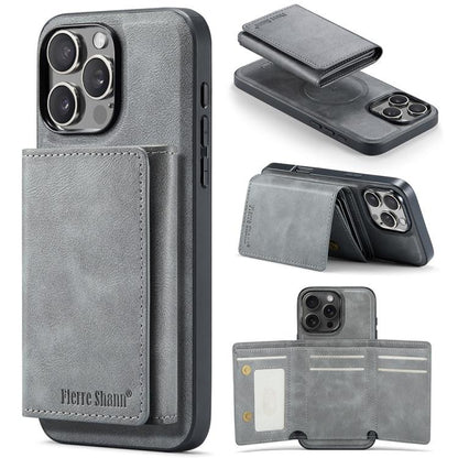 For iPhone 16 Pro Fierre Shann 2 in 1 Holder RFID Card Slot Wallet MagSafe Phone Case(Grey) by FIERRE SHANN