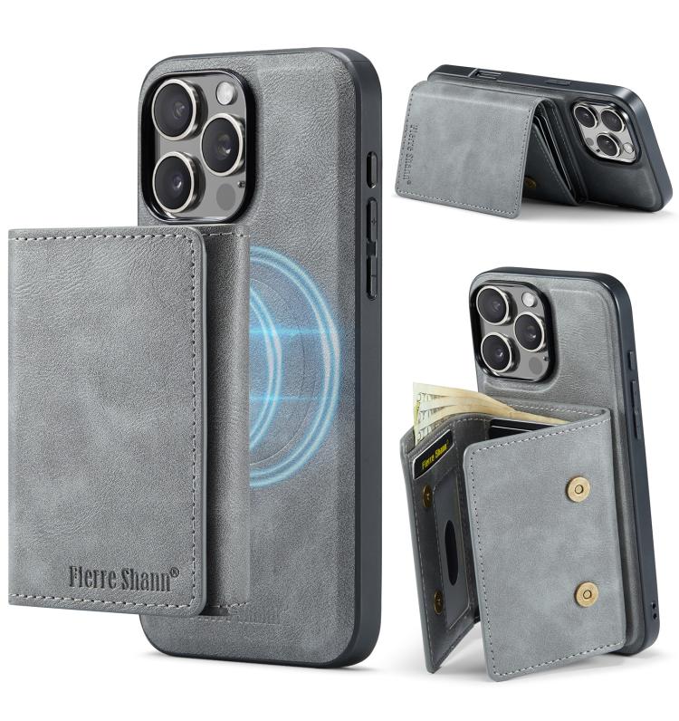 For iPhone 16 Pro Fierre Shann 2 in 1 Holder RFID Card Slot Wallet MagSafe Phone Case(Grey) by FIERRE SHANN