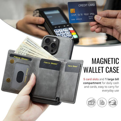 For iPhone 16 Pro Fierre Shann 2 in 1 Holder RFID Card Slot Wallet MagSafe Phone Case(Grey) by FIERRE SHANN