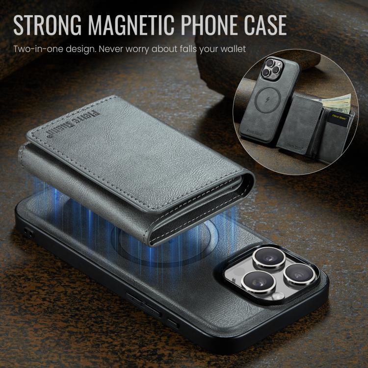 For iPhone 16 Pro Fierre Shann 2 in 1 Holder RFID Card Slot Wallet MagSafe Phone Case(Grey) by FIERRE SHANN