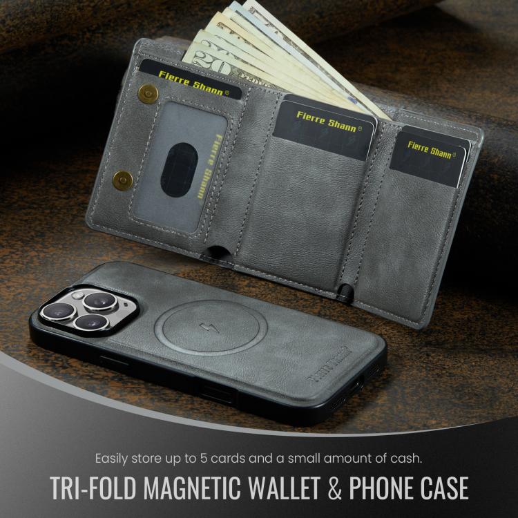 For iPhone 16 Pro Fierre Shann 2 in 1 Holder RFID Card Slot Wallet MagSafe Phone Case(Grey) by FIERRE SHANN
