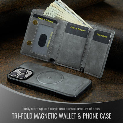 For iPhone 16 Pro Fierre Shann 2 in 1 Holder RFID Card Slot Wallet MagSafe Phone Case(Grey) by FIERRE SHANN