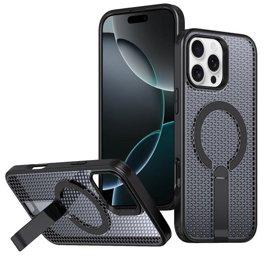 For iPhone 16 Pro kalebol Honeycomb Cooling MagSafe Holder Phone Case(Black) by Kalebol