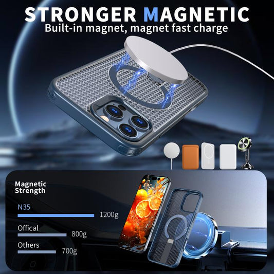 For iPhone 16 Pro kalebol Honeycomb Cooling MagSafe Holder Phone Case(Blue) by Kalebol