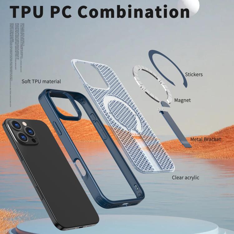 For iPhone 16 Pro kalebol Honeycomb Cooling MagSafe Holder Phone Case(Blue) by Kalebol