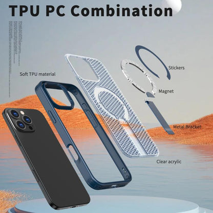 For iPhone 16 Pro kalebol Honeycomb Cooling MagSafe Holder Phone Case(Blue) by Kalebol