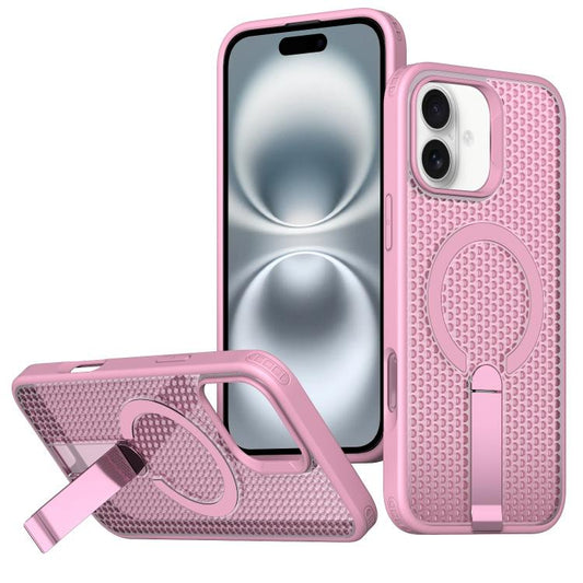 For iPhone 16 Plus kalebol Honeycomb Cooling MagSafe Holder Phone Case(Pink) by Kalebol