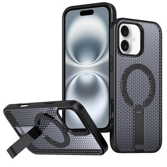 For iPhone 16 kalebol Honeycomb Cooling MagSafe Holder Phone Case(Black) by Kalebol