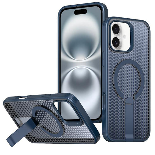 For iPhone 16 kalebol Honeycomb Cooling MagSafe Holder Phone Case(Blue) by Kalebol