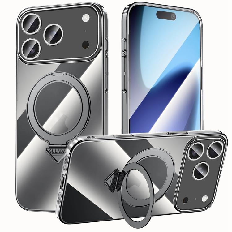 For iPhone 17 Pro Max SULADA Electroplated Transparent MagSafe Holder Phone Case(Black) by SULADA