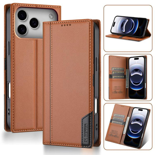 For iPhone 17 Pro N.BEKUS P3 RFID Stitching Magnetic Flip Leather Phone Case(Brown) by N.BEKUS