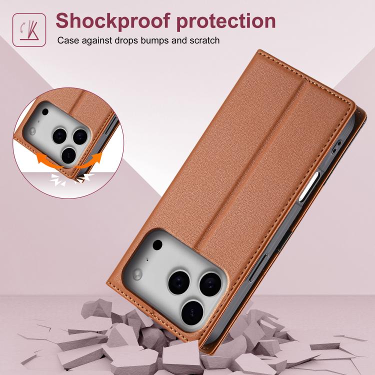 For iPhone 17 Pro N.BEKUS P3 RFID Stitching Magnetic Flip Leather Phone Case(Brown) by N.BEKUS