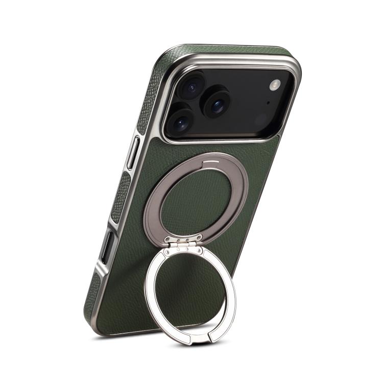 For iPhone 17 Pro Max Denior A23 Magnetic Holder Electroplating Genuine Leather Phone Case(Green) by Denior