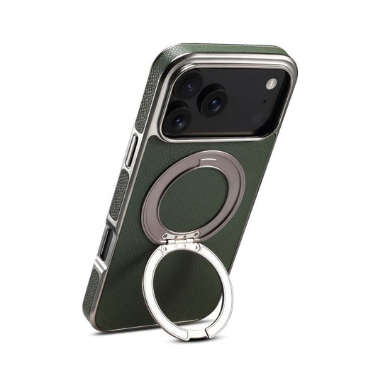 For iPhone 17 Pro Max Denior A23 Magnetic Holder Electroplating Genuine Leather Phone Case(Green) by Denior
