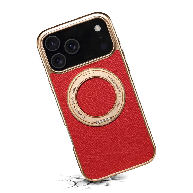 For iPhone 17 Pro Max Denior A23 Magnetic Holder Electroplating Genuine Leather Phone Case(Red) by Denior