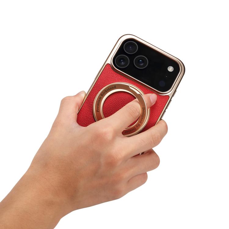 For iPhone 17 Pro Max Denior A23 Magnetic Holder Electroplating Genuine Leather Phone Case(Red) by Denior