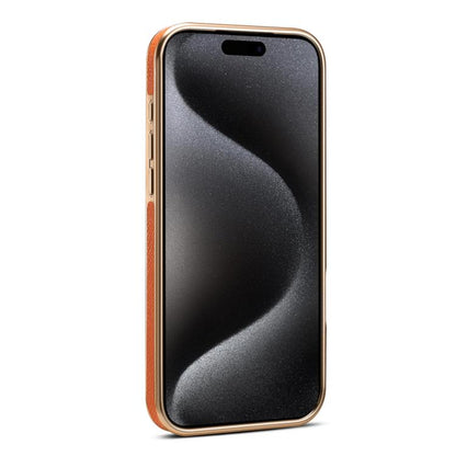 For iPhone 17 Pro Max Denior A23 Magnetic Holder Electroplating Genuine Leather Phone Case(Orange) by Denior