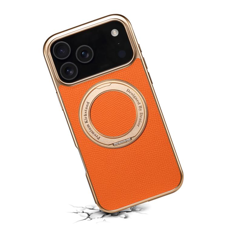 For iPhone 17 Pro Max Denior A23 Magnetic Holder Electroplating Genuine Leather Phone Case(Orange) by Denior
