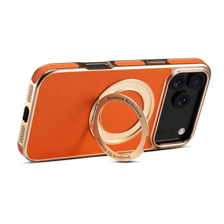 For iPhone 17 Pro Max Denior A23 Magnetic Holder Electroplating Genuine Leather Phone Case(Orange) by Denior
