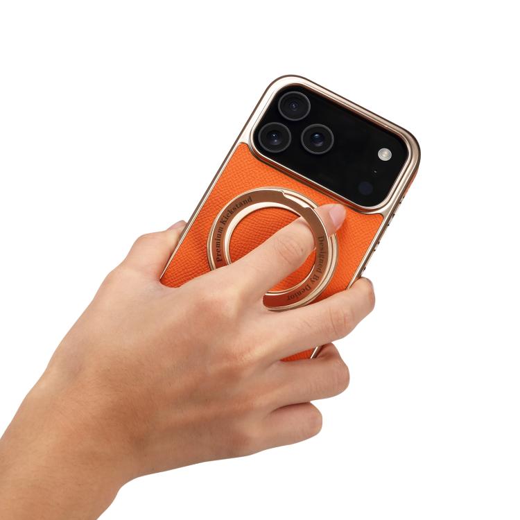 For iPhone 17 Pro Max Denior A23 Magnetic Holder Electroplating Genuine Leather Phone Case(Orange) by Denior