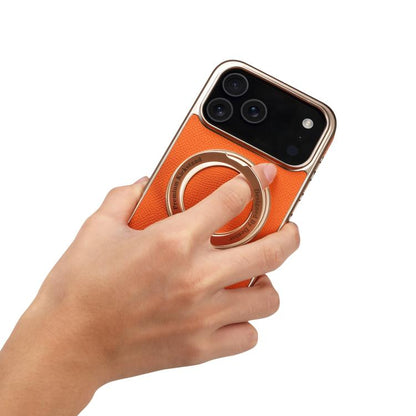 For iPhone 17 Pro Max Denior A23 Magnetic Holder Electroplating Genuine Leather Phone Case(Orange) by Denior