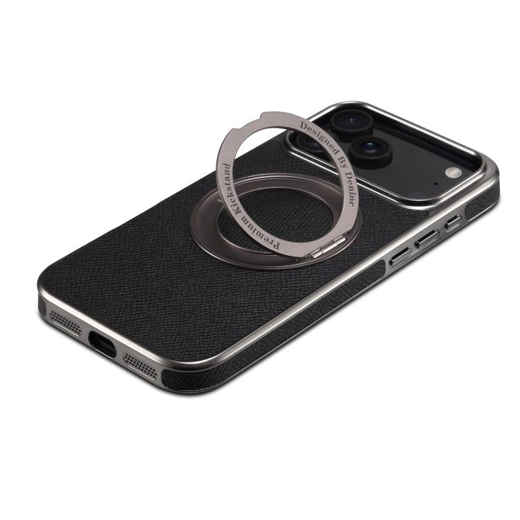 For iPhone 17 Pro Denior A23 Magnetic Holder Electroplating Genuine Leather Phone Case(Black) by Denior