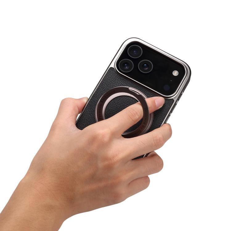 For iPhone 17 Pro Denior A23 Magnetic Holder Electroplating Genuine Leather Phone Case(Black) by Denior