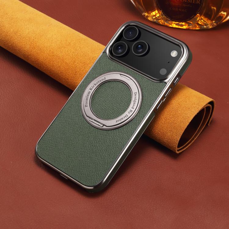 For iPhone 17 Pro Denior A23 Magnetic Holder Electroplating Genuine Leather Phone Case(Green) by Denior