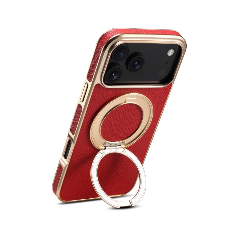 For iPhone 17 Pro Denior A23 Magnetic Holder Electroplating Genuine Leather Phone Case(Red) by Denior