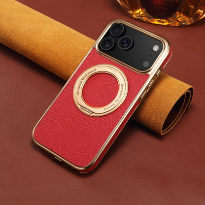 For iPhone 17 Pro Denior A23 Magnetic Holder Electroplating Genuine Leather Phone Case(Red) by Denior
