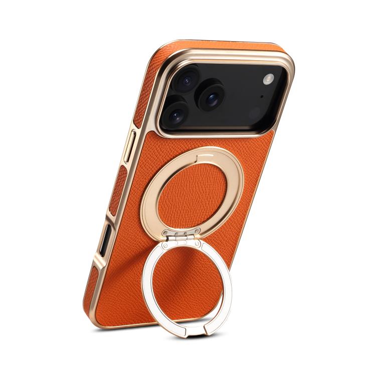For iPhone 17 Pro Denior A23 Magnetic Holder Electroplating Genuine Leather Phone Case(Orange) by Denior