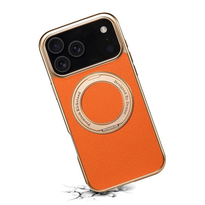 For iPhone 17 Pro Denior A23 Magnetic Holder Electroplating Genuine Leather Phone Case(Orange) by Denior