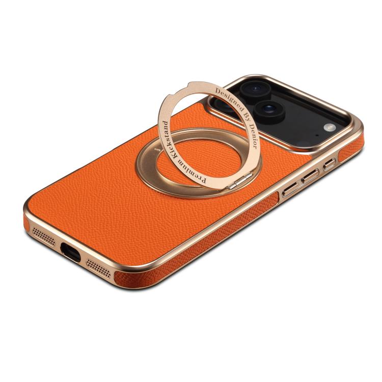 For iPhone 17 Pro Denior A23 Magnetic Holder Electroplating Genuine Leather Phone Case(Orange) by Denior