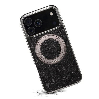 For iPhone 17 Pro Max Denior A23 Retro Flower Texture Magnetic Holder Electroplating Genuine Leather Phone Case(Black) by Denior
