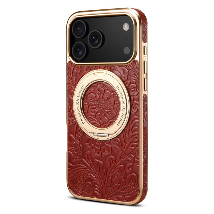 For iPhone 17 Pro Max Denior A23 Retro Flower Texture Magnetic Holder Electroplating Genuine Leather Phone Case(Red) by Denior