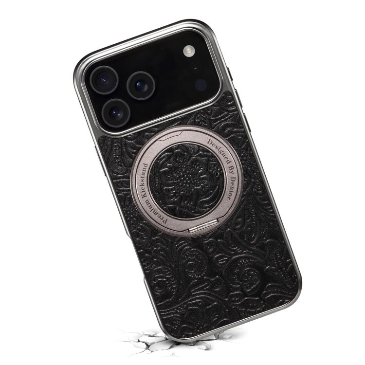 For iPhone 17 Pro Denior A23 Retro Flower Texture Magnetic Holder Electroplating Genuine Leather Phone Case(Black) by Denior
