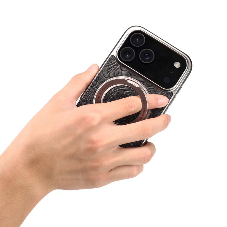 For iPhone 17 Pro Denior A23 Retro Flower Texture Magnetic Holder Electroplating Genuine Leather Phone Case(Black) by Denior