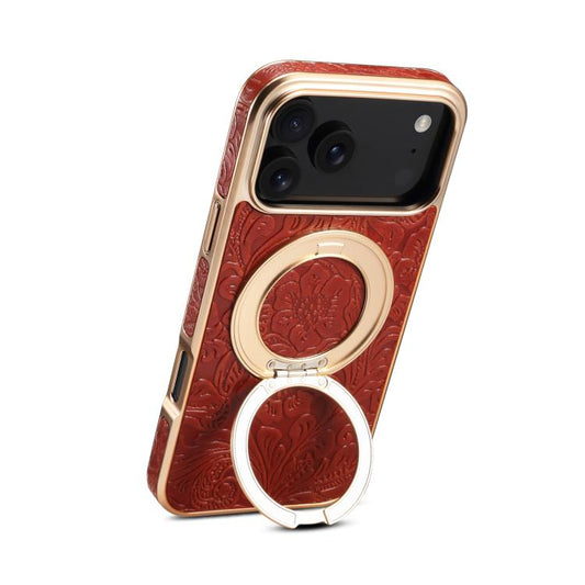 For iPhone 17 Pro Denior A23 Retro Flower Texture Magnetic Holder Electroplating Genuine Leather Phone Case(Red) by Denior