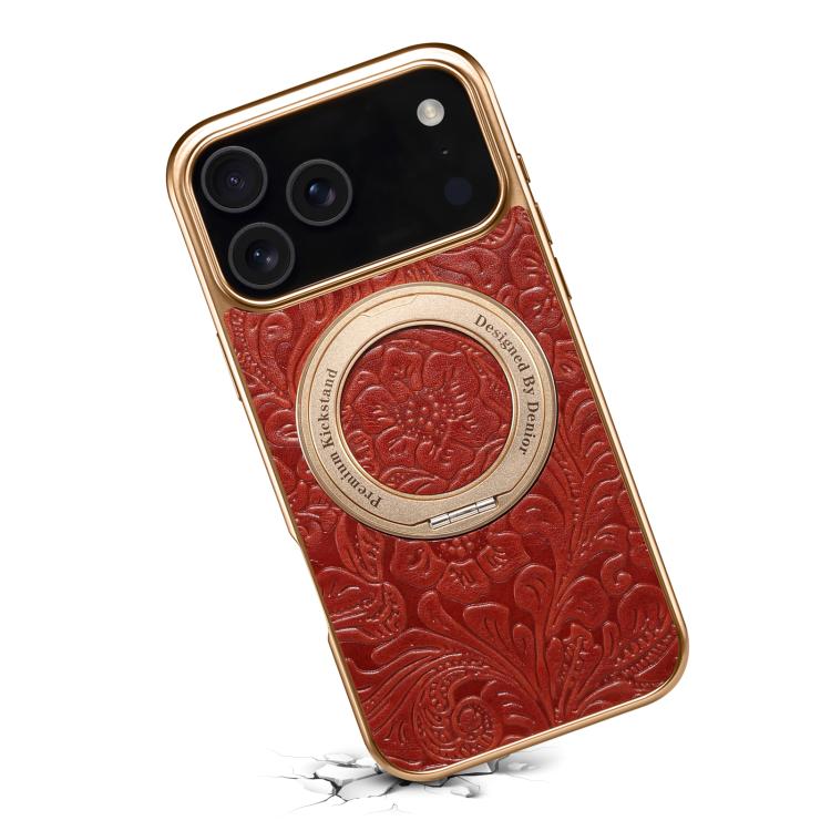 For iPhone 17 Pro Denior A23 Retro Flower Texture Magnetic Holder Electroplating Genuine Leather Phone Case(Red) by Denior