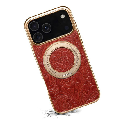 For iPhone 17 Pro Denior A23 Retro Flower Texture Magnetic Holder Electroplating Genuine Leather Phone Case(Red) by Denior