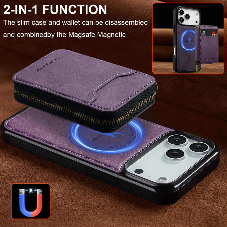 For iPhone 17 Pro Max LC.IMEEKE L6 Series Zipper Card Bag MagSafe Magnetic Phone Case(Purple) by LC.IMEEKE