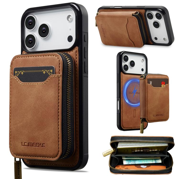 For iPhone 17 Pro Max LC.IMEEKE L6 Series Zipper Card Bag MagSafe Magnetic Phone Case(Brown) by LC.IMEEKE