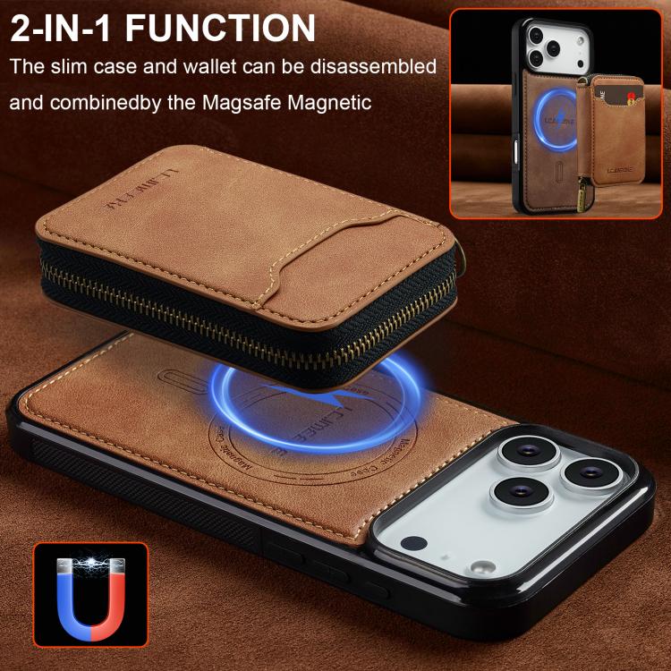 For iPhone 17 Pro Max LC.IMEEKE L6 Series Zipper Card Bag MagSafe Magnetic Phone Case(Brown) by LC.IMEEKE